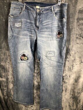 Vintage Distressed Womans Jeans Blue Denim With Floral Patchwork Size 24